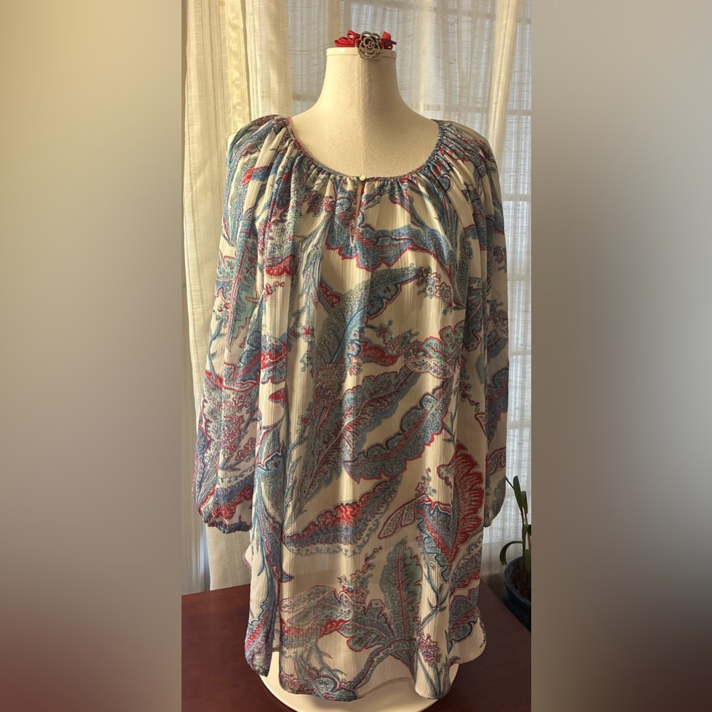 Chaps Cream Peasant Blouse with Blue and Red Paisley Print